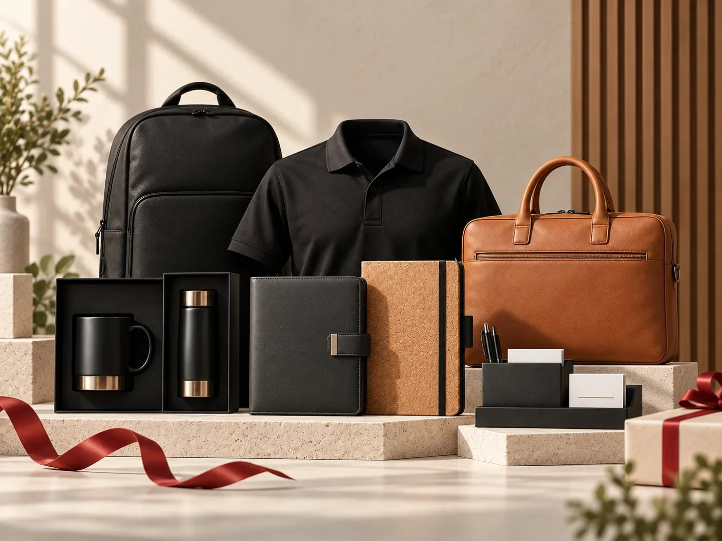 Corporate gift range from Welcome Gifts: backpack, polo shirt, leather laptop bag, insulated flask and mug set, diaries and a desk organiser